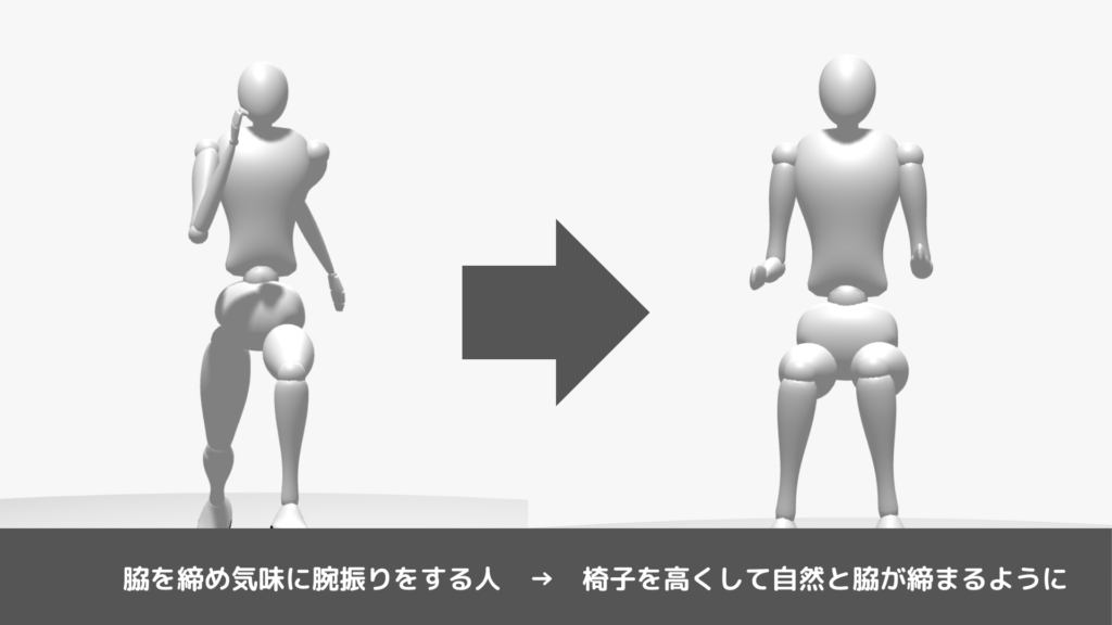 脇を絞めて、まっすぐ腕を振る人は椅子を高めにして脇を絞め気味にセッティング